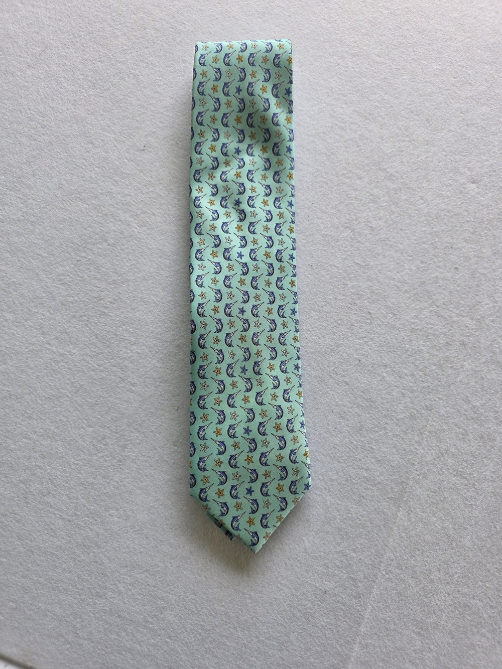 Men's Mint Green Swordfish & Stars Printed Silk Tie